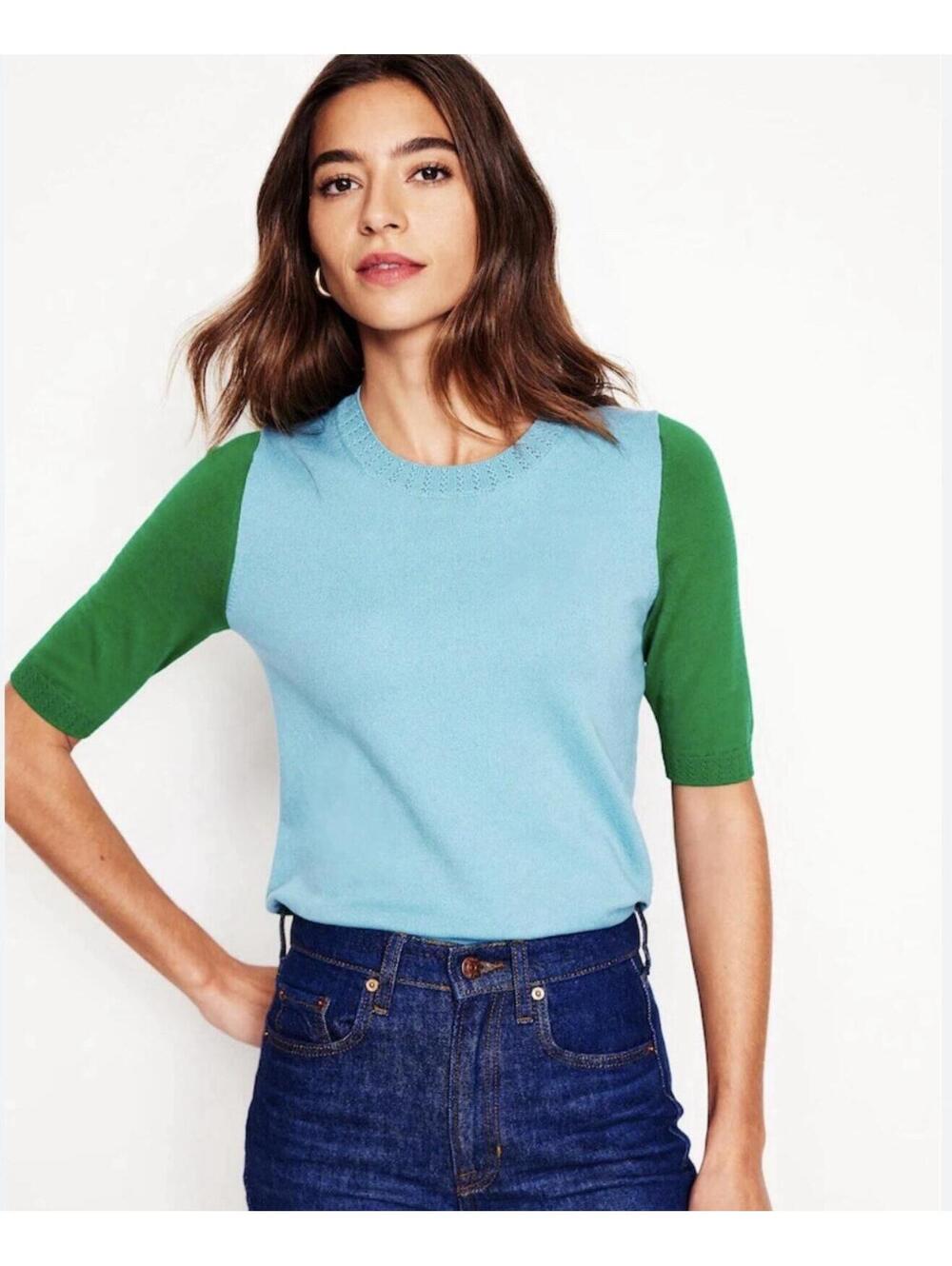 Boden Emilia Cotton Crew Sweater T-shirt Color Block Blue/Green Sz M